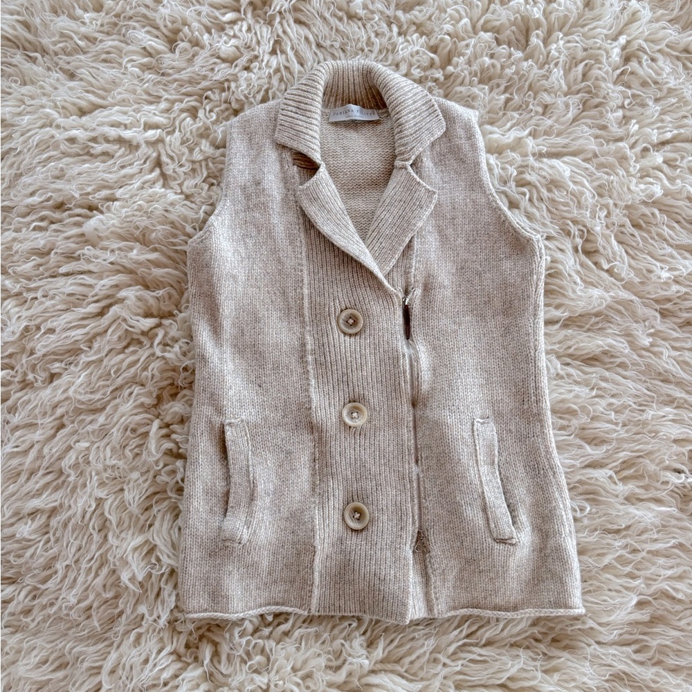 Sleeveless Knit Button-Front Sweater Vest in Light Beige